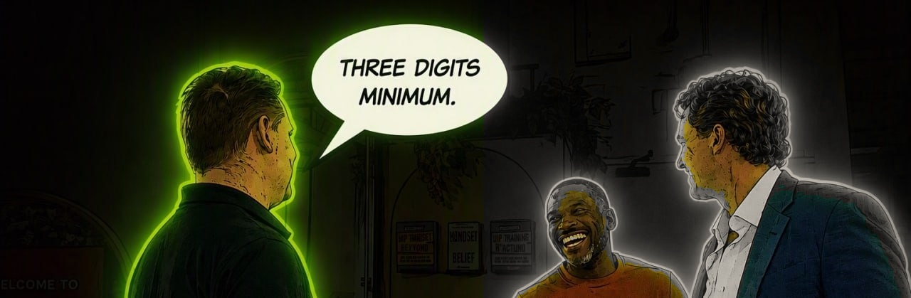 3 Digits Minimum comic banner with a character holding a speech bubble